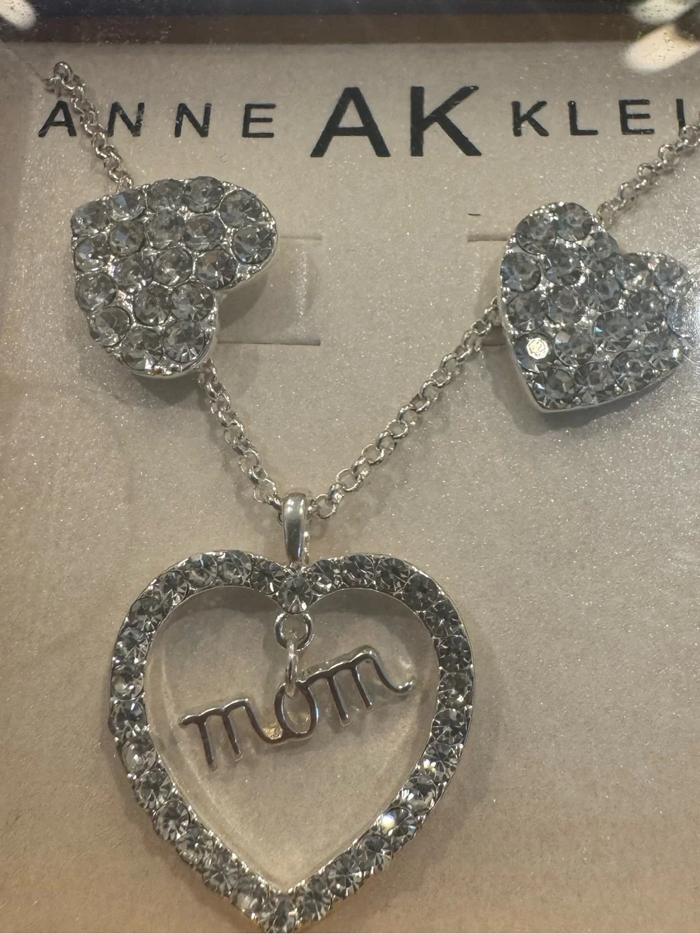 Anne Klein Silver Crystal Heart Necklace with 'Mom' Script and Matching Studs